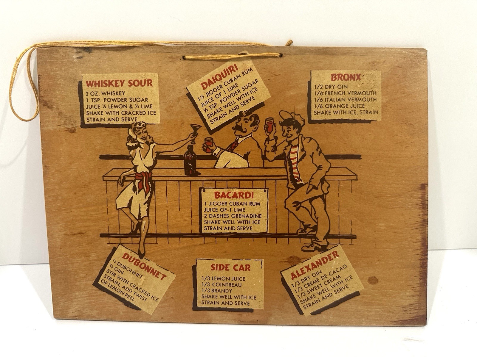 Vintage 1950s Bar Wall Hanging Decor Picture Drinks Daiquiri Bacardi Whiskey
