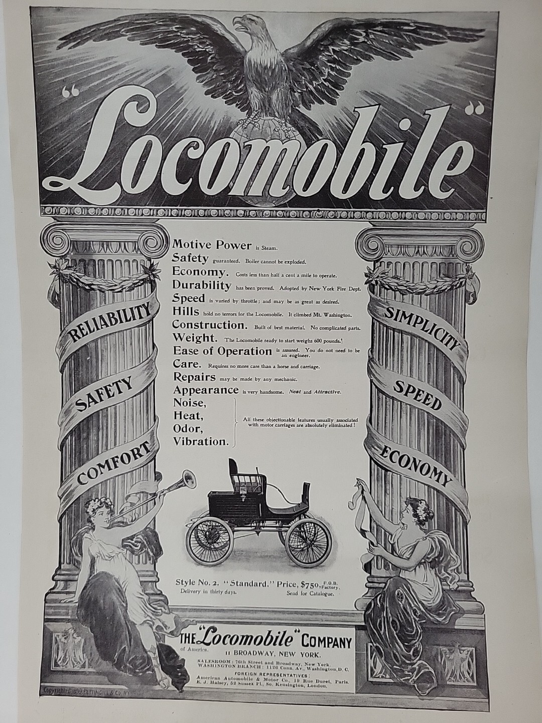 1899 Locomobile Company Automobile Print Advertisement Broadway Eagle Leslie’s