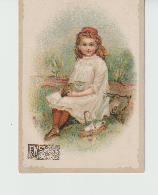 1880’s Trade Card ~F&W Iron Stove ~Troy NY~Girl with Cat In Her lap