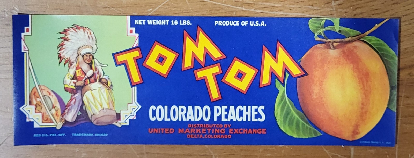 LABEL Tom Tom Peaches Delta Colorado Indian Chief Drum