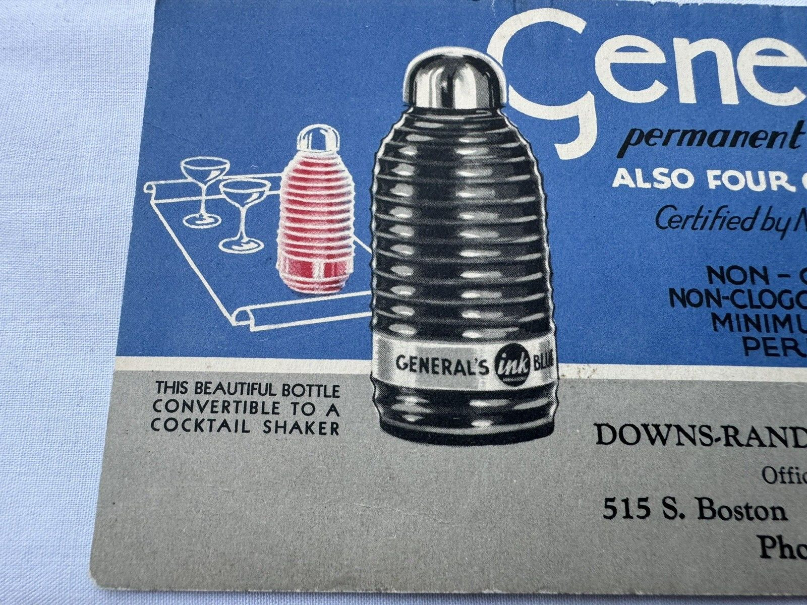 1940s Ink Blotter Generals Inks Blue Black Downs Randolph Co Tulsa Oklahoma OK