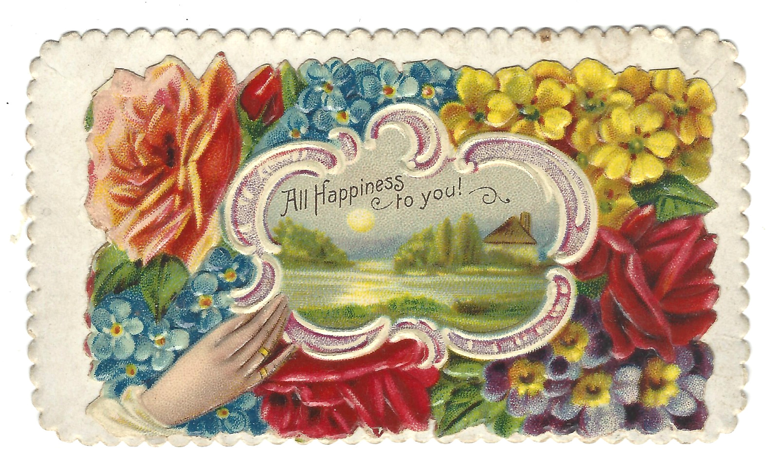 VTG Victorian Embossed Die Cut Gift Card Tag All Happiness To You