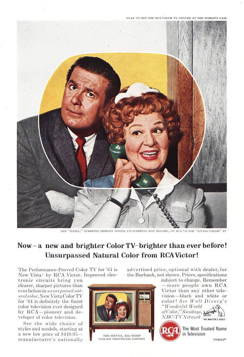 1964 RCA Television: Hazel, Shirley Booth, Don Defore Vintage Print Ad