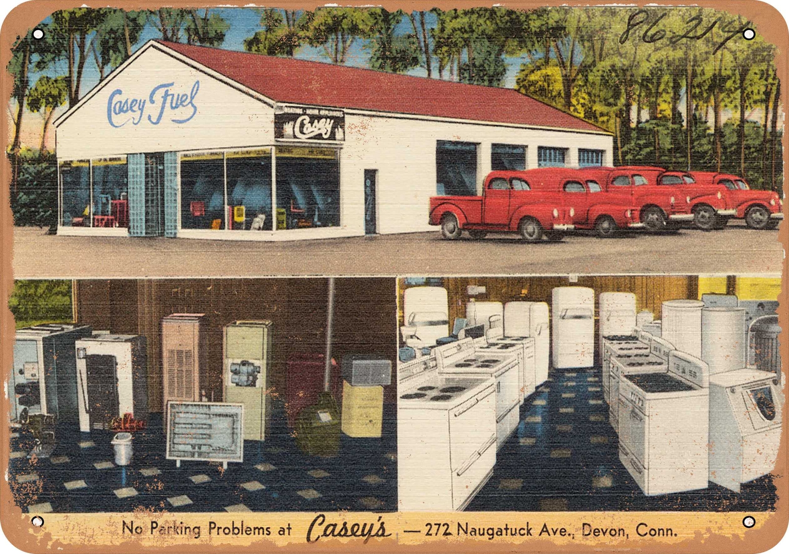 METAL SIGN – Connecticut Postcard – No parking problems at Casey’s –272 Naugat