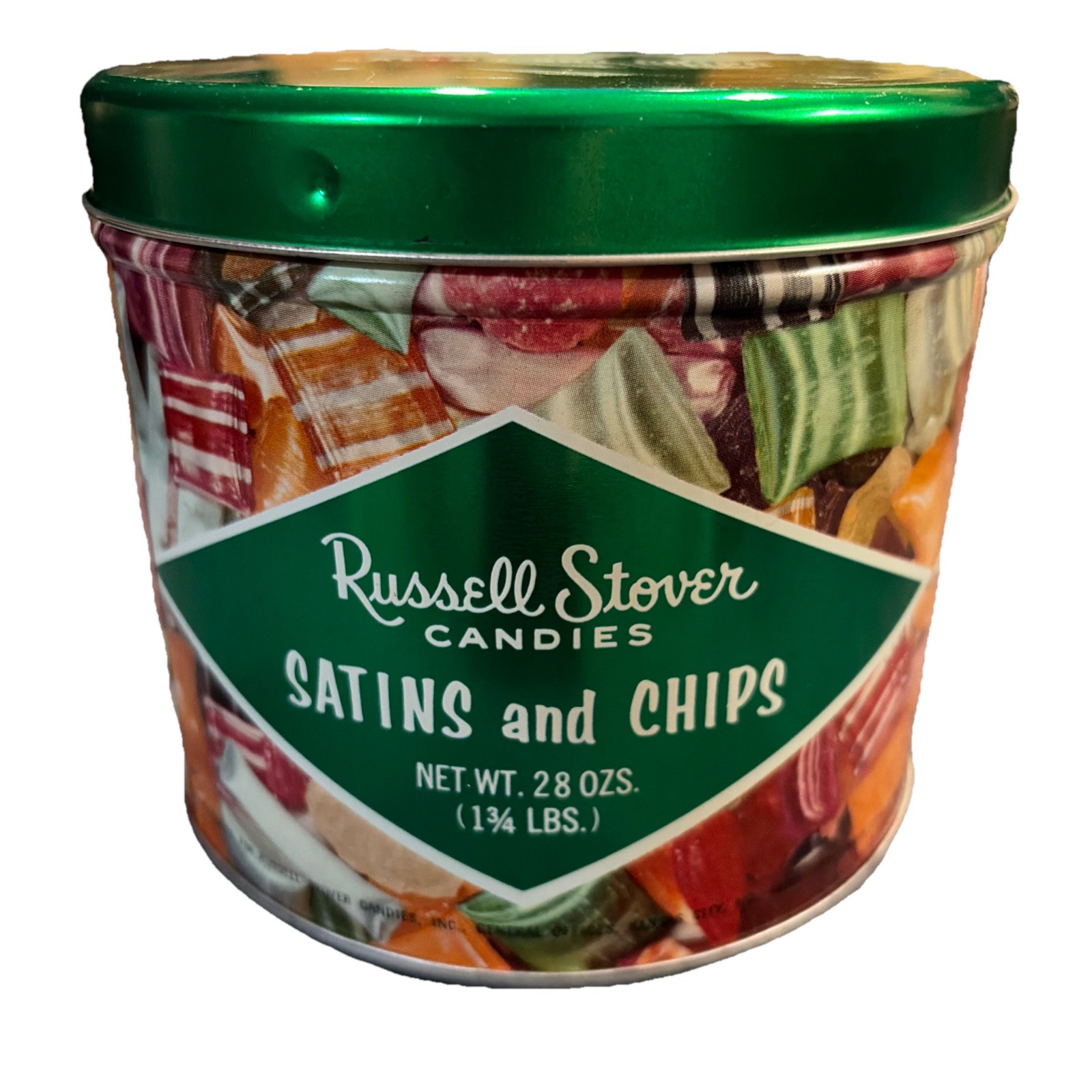 Vintage 1970s Russell Stover Hard Candy Tin Candies Satins & Chips Christmas Can