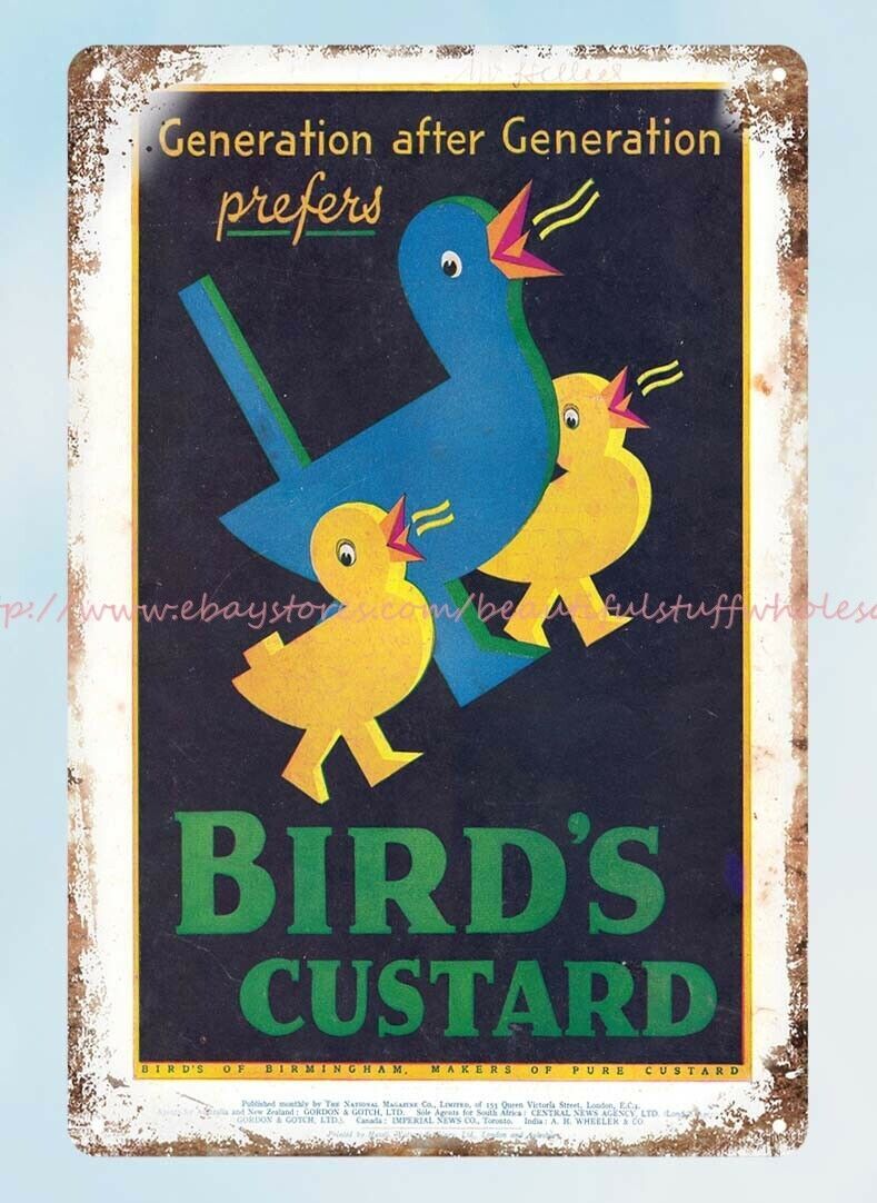 unframed wall art Old Bird’s Custard ads 1933 metal tin sign