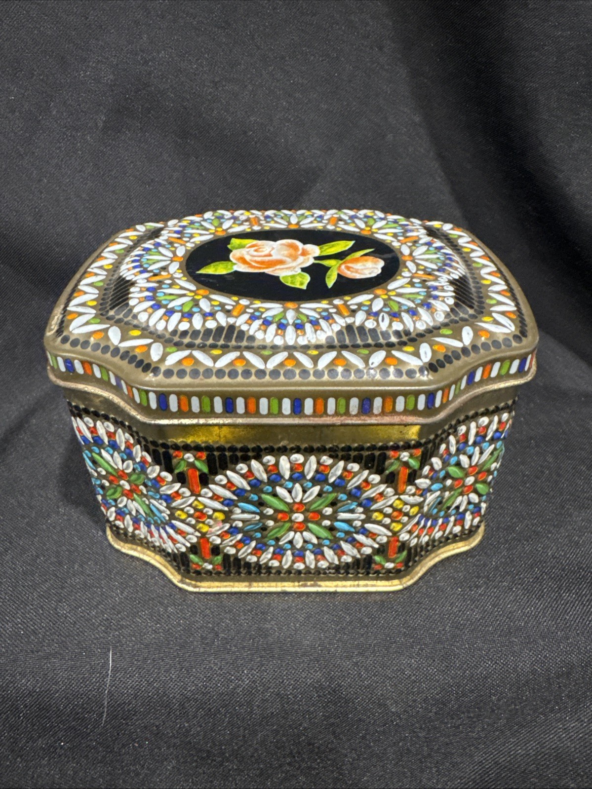 VTG Rose Mosaic Candy Tin Hinged lid Walter Jacques Toffee England 5x4x3 NICE