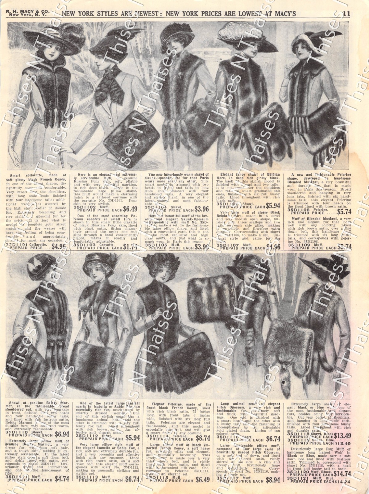 Vintage Print Ad Women’s Fur Shawls Muffs Edwardian Fashion Trapper Macy’s 1911