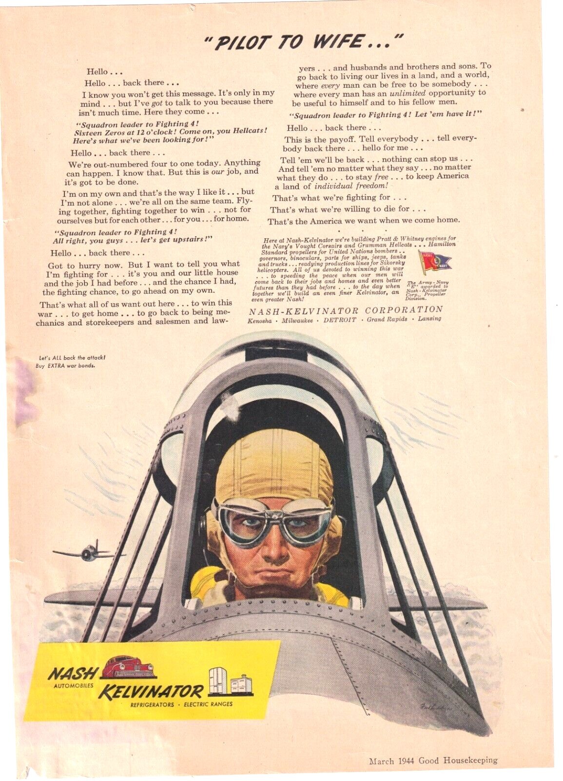 1944 Print Ad, Emotional War Message ‘Pilot to Wife’, Nash Kelvinator 7.5″x11″