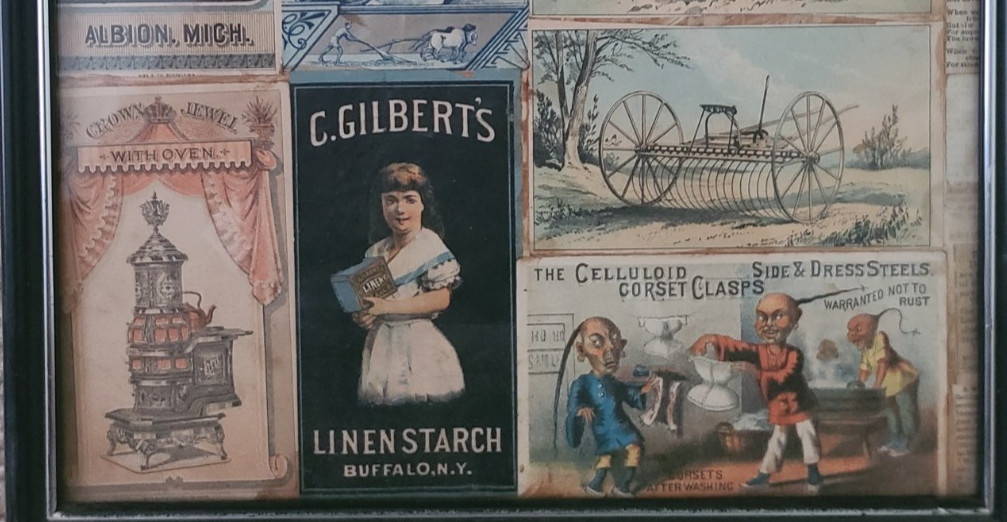 11 SCARCE FRAMED VICTORIAN TRADE CARDS including UNCLE TOM’S CABIN & GALE PLOW