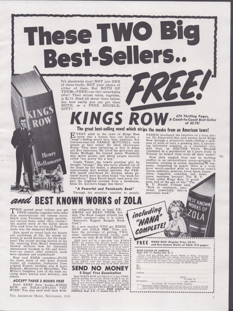 1941 Print Ad Book League of America Two Big Best-Sellers Free! Kings Row Zola