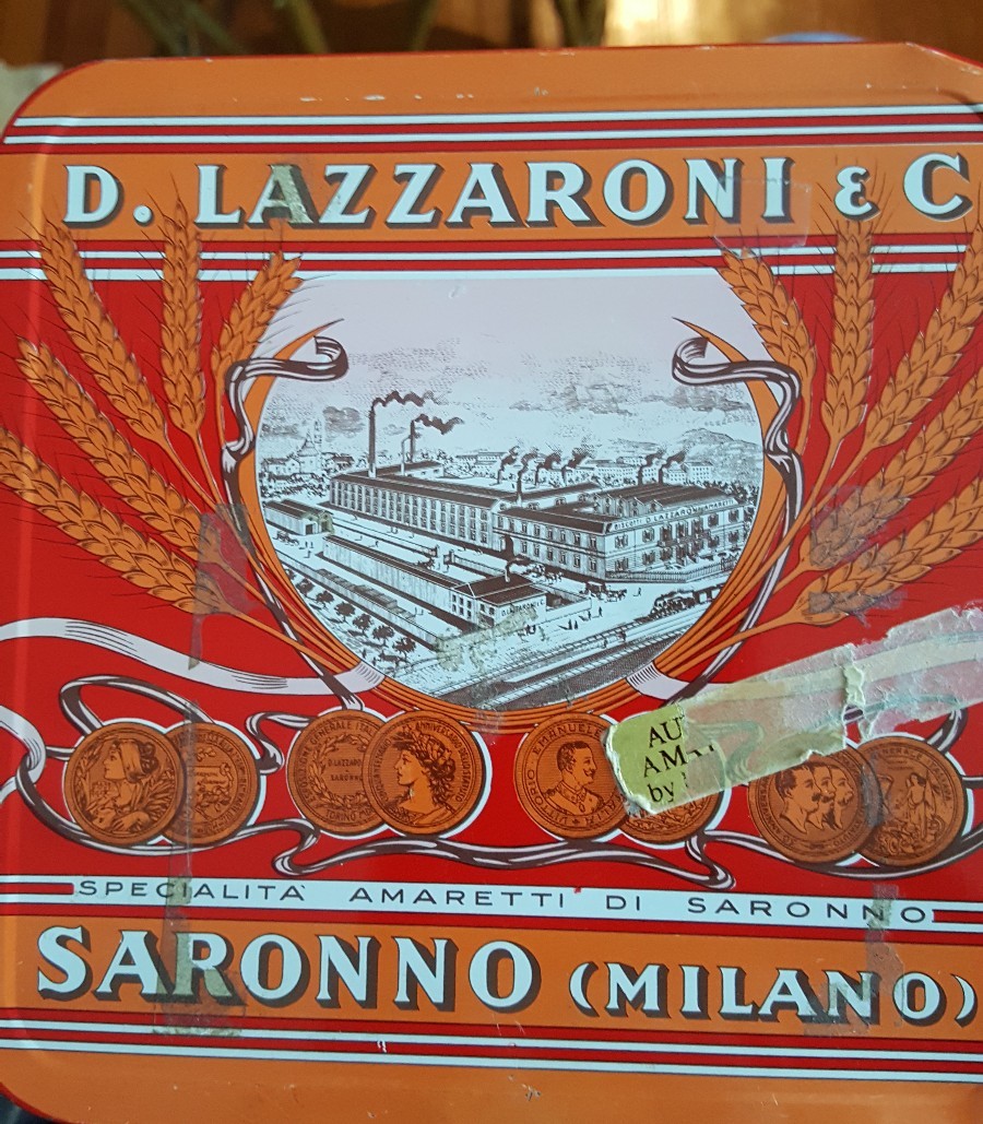 SARONNO-MILANO ITALY ADVERTISING TIN CAN D. LAZZARONI & 6.75″ X 6″ X 6″