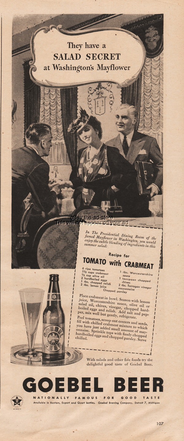 1945 Goebel Beer Mayflower Hotel Washington DC Tomato Crabmeat Salad Recipe Ad