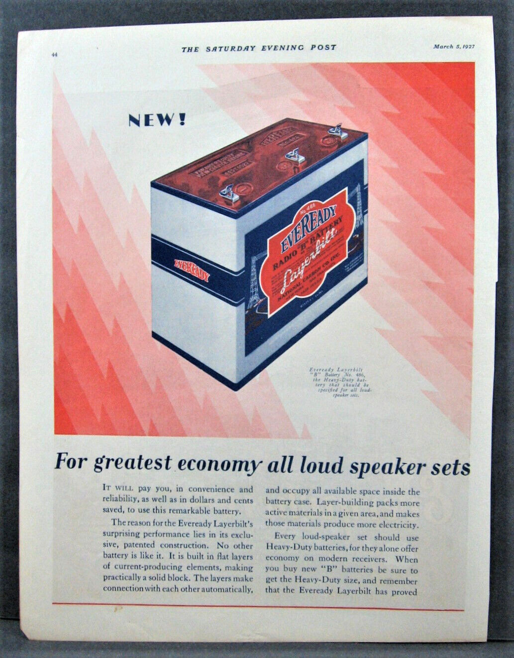 Vintage 1927 Eveready Layerbilt Heavy Duty Radio Battery Full Page Magazine Ad