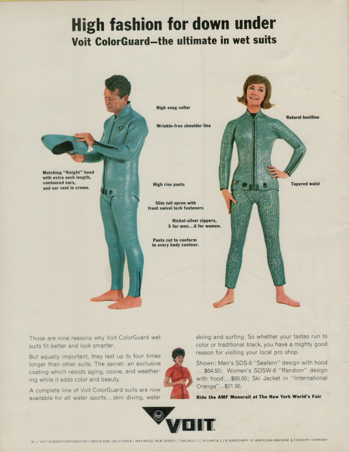 1964 Voit ColorGuard Wet Suits Mens Women’s Skin Diving Surfing VINTAGE PRINT AD