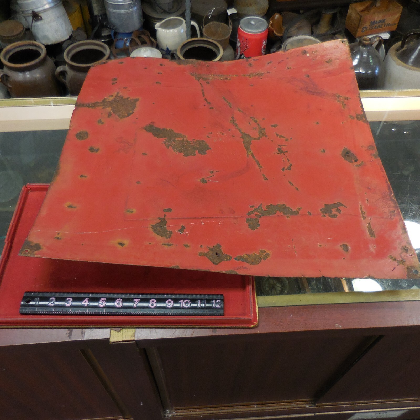LARGE VINTAGE METAL SIGN WITH BENDS & LARGE “E” IN THE MIDDLE 24 X 24 INCHES #SP