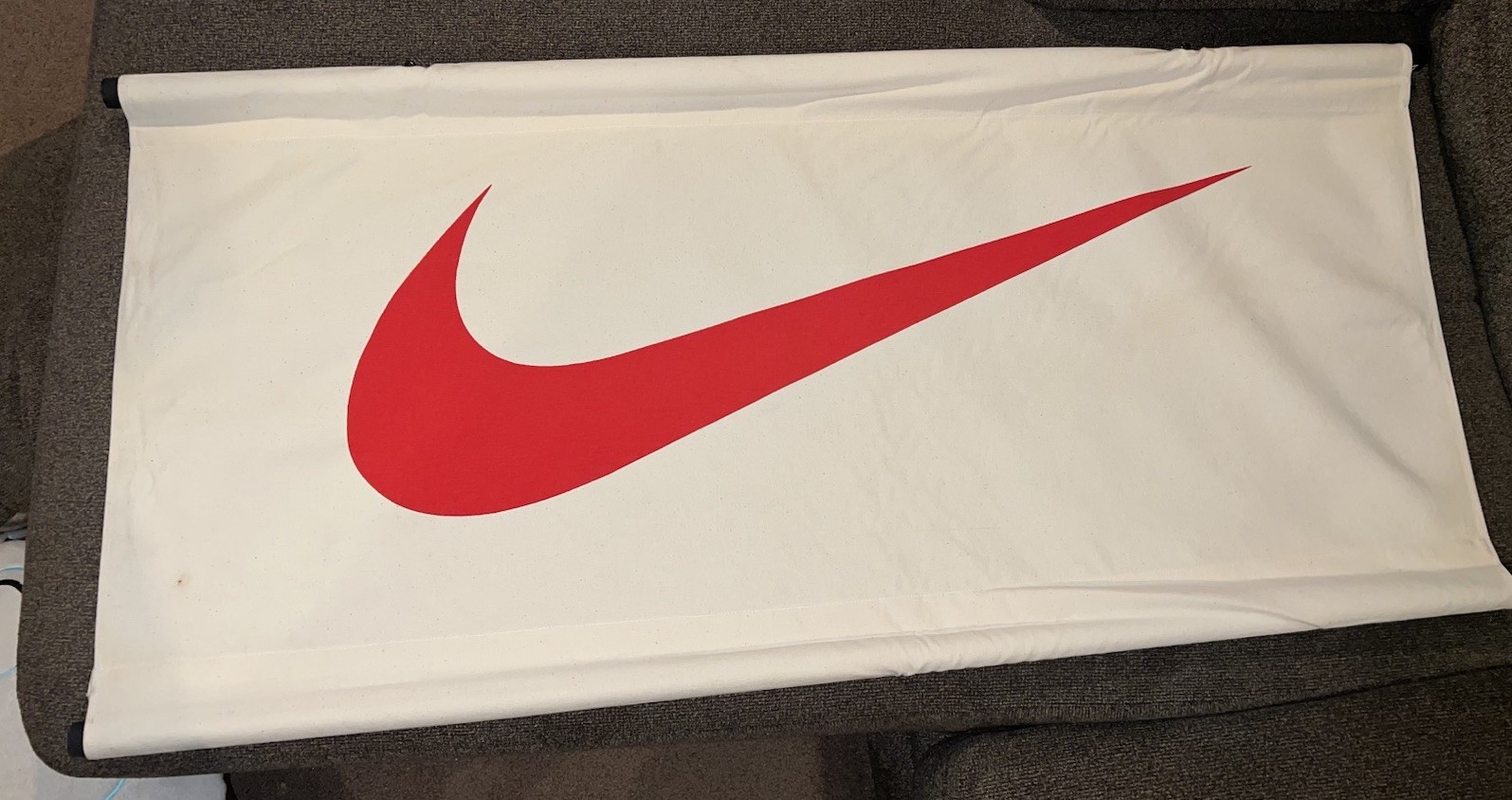RARE Vintage Orig 90s NIKE Swoosh Retail Banner Canvas Cloth Wood Dowel Inserts