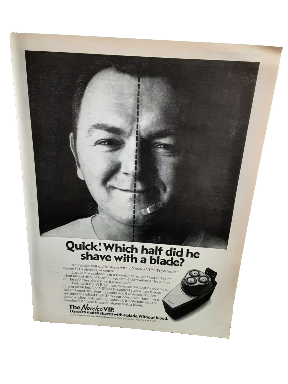 1974 Norelco VIP Shaver Print Ad Quick Which Half Did He Shave