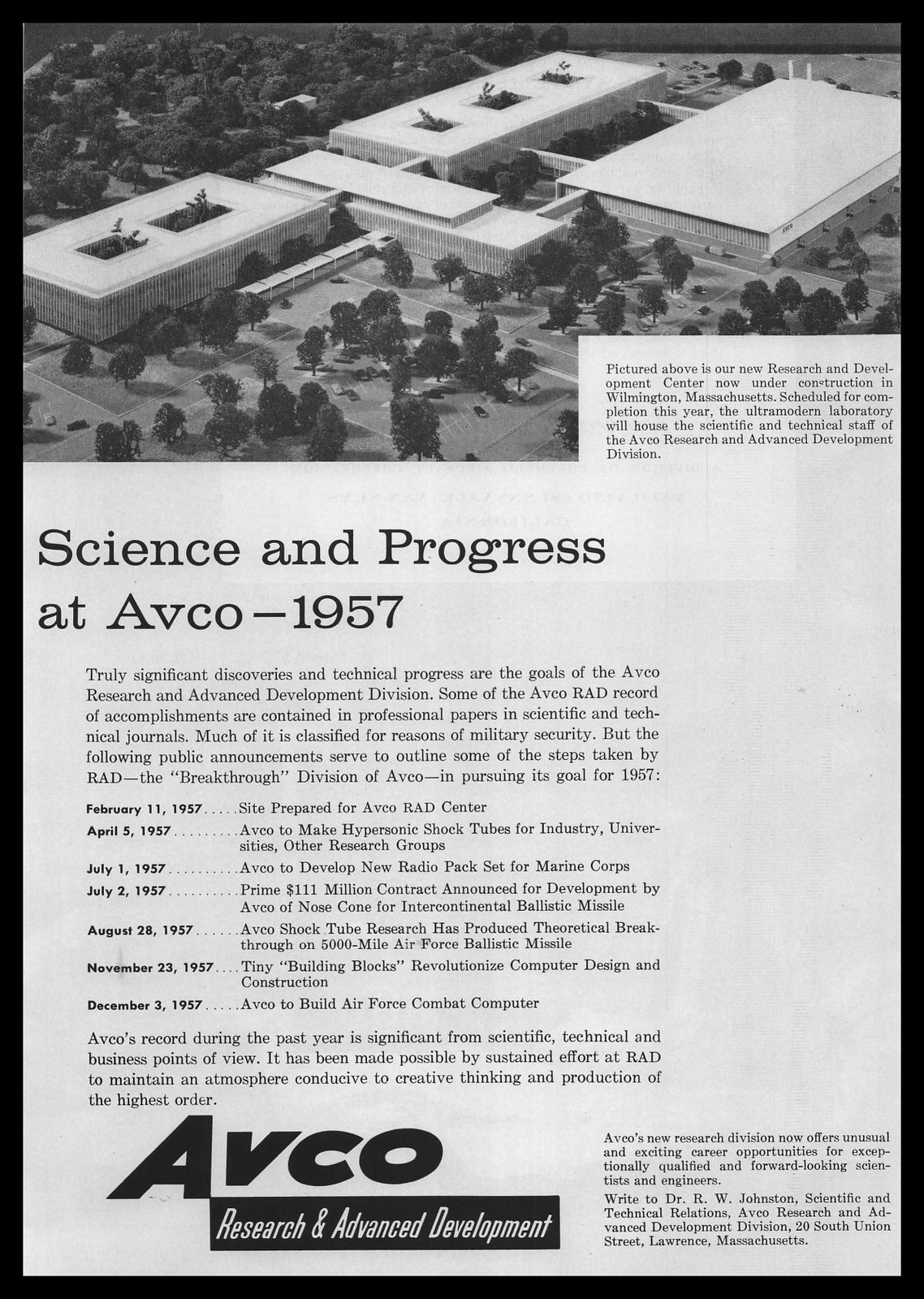 1958 AVCO Research & Development Center Photo Wilmington Massachusetts Print Ad
