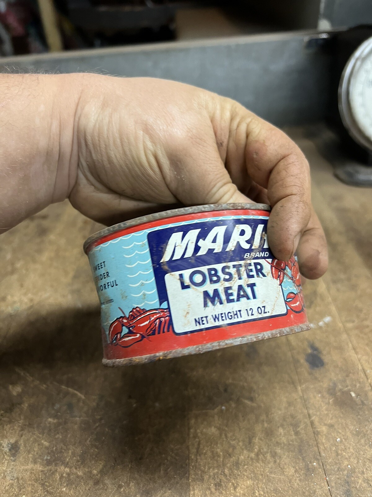 Vintage Old Maripac Brand Lobster Meat Seafood Metal Empty Tin Can 12 Oz USA