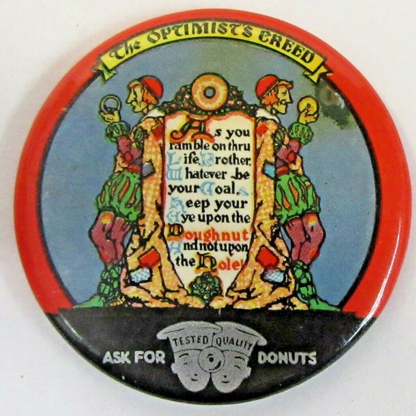 1920’s Optimist’s Creed ASK FOR TESTED QUALITY DONUTS celluloid pocket mirror ^