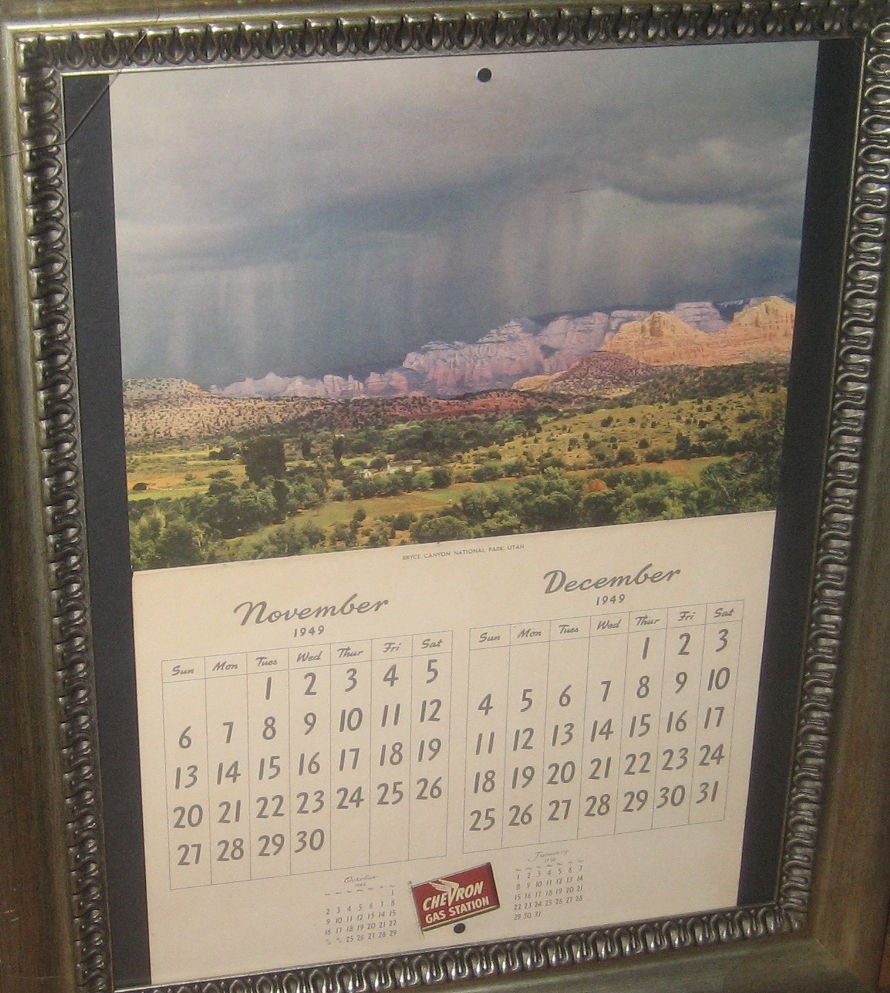 1949 Calendar Bryce Canyon National Park, Chevron Gas Station, Single Page