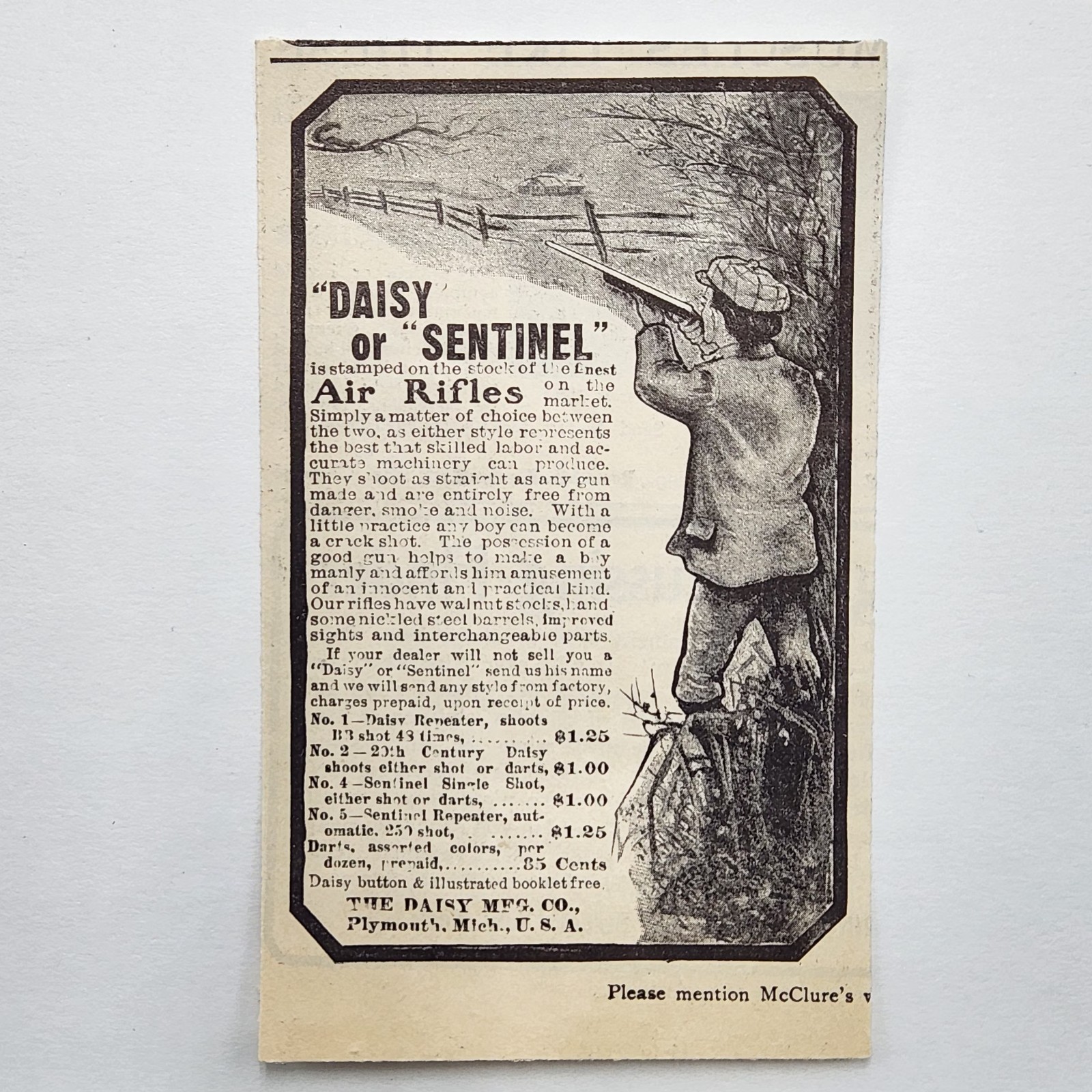 1901 Daisy Mfg Sentinel Air Rifle Victorian Original Print Ad Plymouth MI 1900’s
