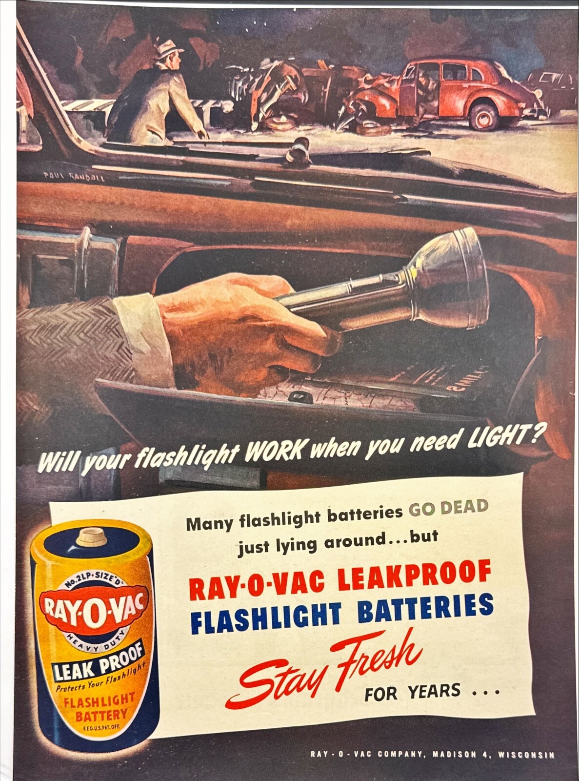 Ray-O-Vac Leakproof Flashlight Batteries Car Crash Accident Vtg Print Ad 1945