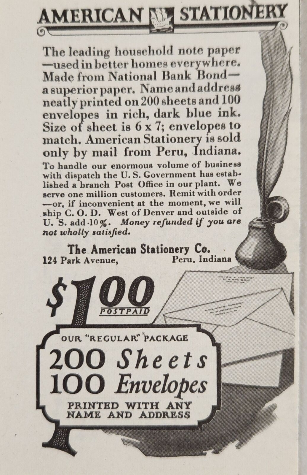 1924 Print Ad American Stationary Company Sheets & Envelopes Peru,Indiana