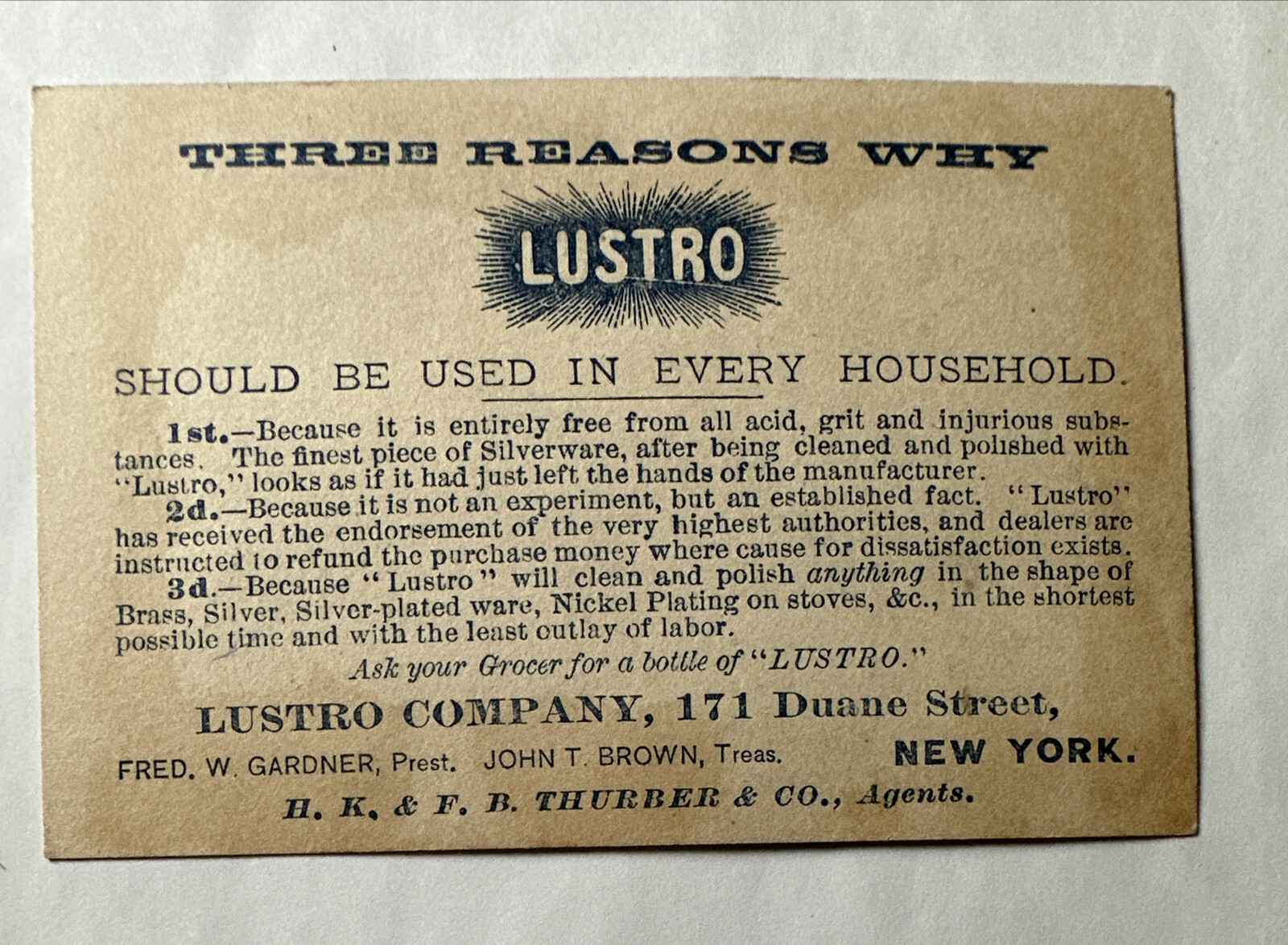 VICTORIAN TRADE CARD LUSTRO SILVER & NICKEL POLISH “3 Reasons” c1880s B28
