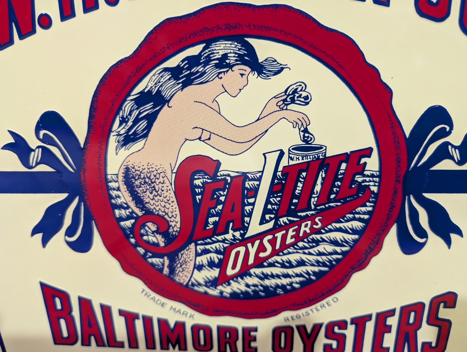 NEW OLD STOCK NOS EMBOSSED W.H. KILLIAN CO. BALTIMORE OYSTERS TIN METAL SIGN MCA