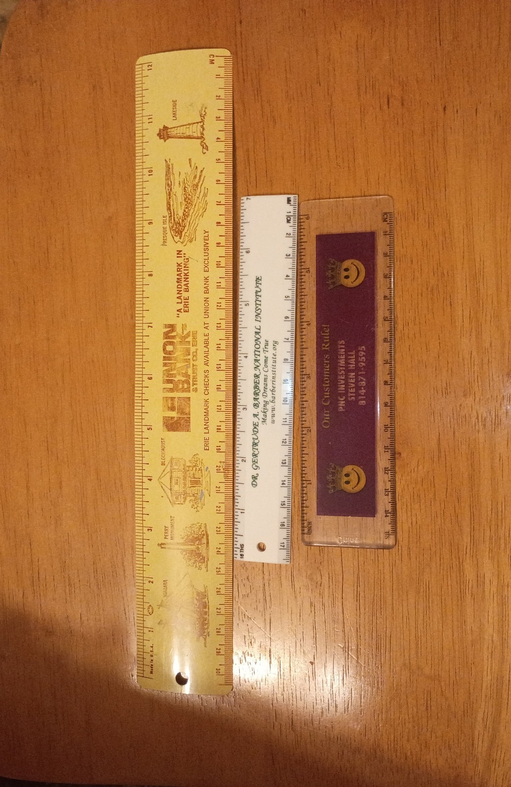 3 VINTAGE ERIE PENNSYLVANIA ADVERTISING RULERS METAL PLASTIC 12 INCH 6 INCH