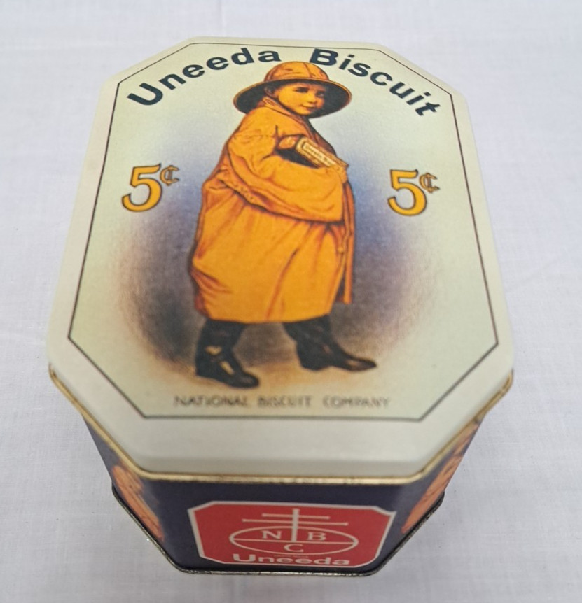 Vintage Reproduction Uneeda Biscuit Tin “Raincoat Boy” 5 Cents Logo 3.5x5x4″