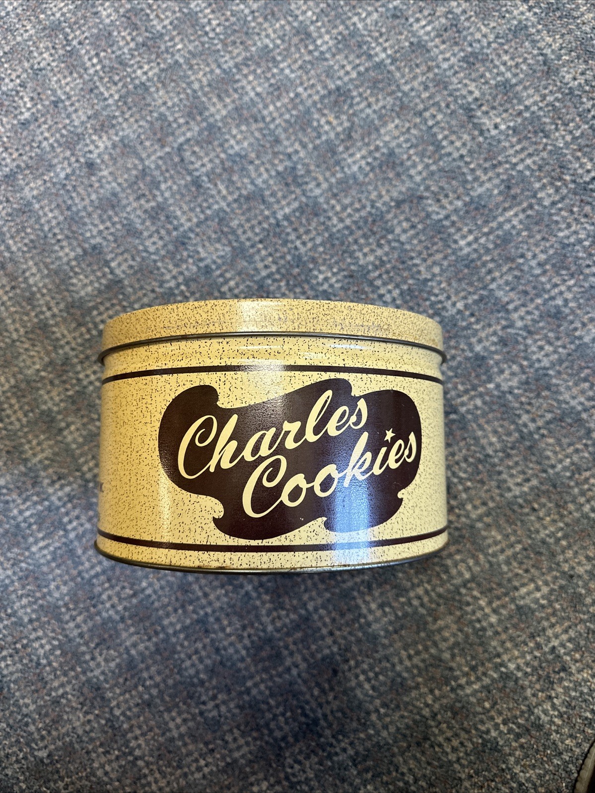 Vintage Charles Chips Cookies Metal Tin Can Empty 8 1/4″ Dia. 5” Tall Mountville