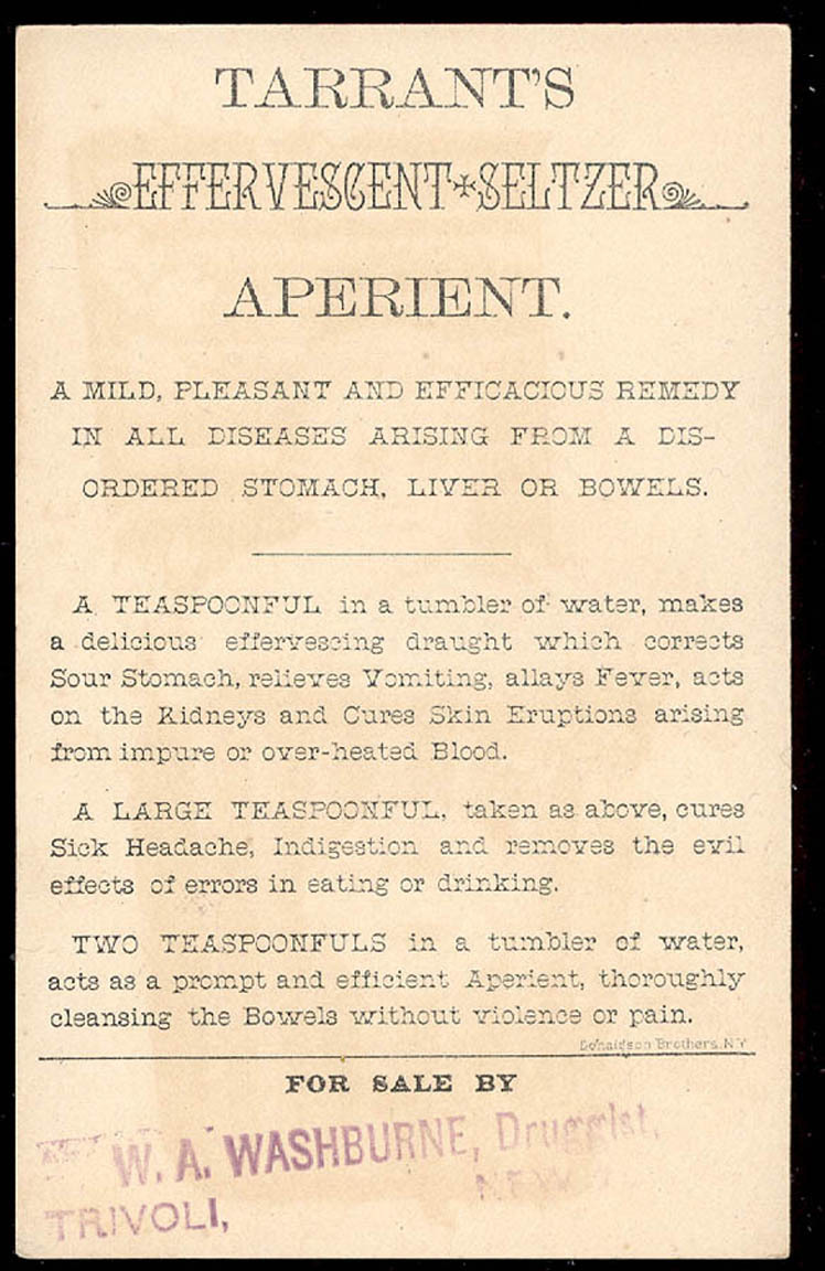 1880’s TRIVOLI NY TRADE CARD, TARRANT’S EFFERVESCENT SELTZER. TC708