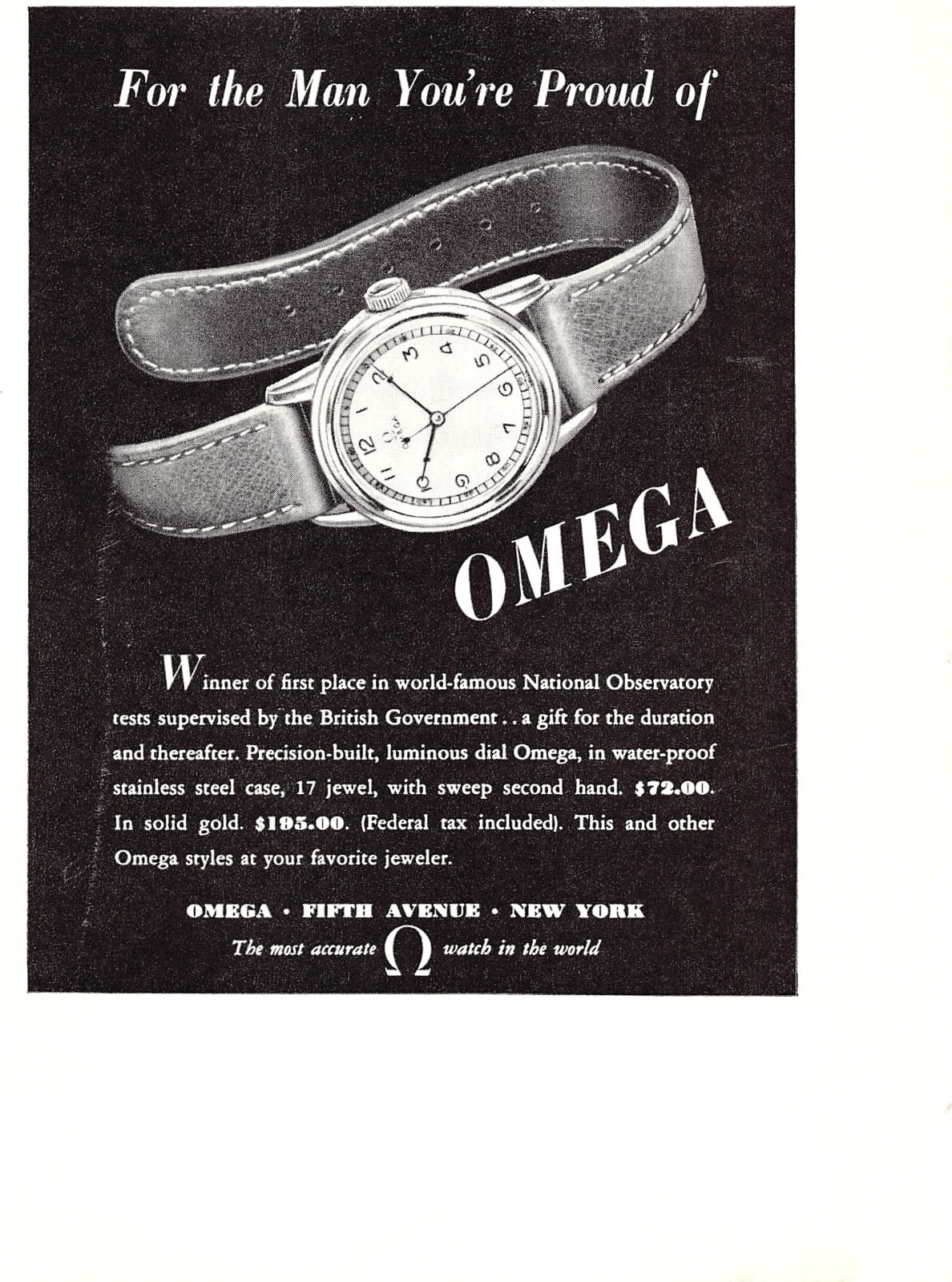 1942 Omega WWII Watch Fifth Ave Luminous Dial Steel Gold Option Vtg Mag Print Ad