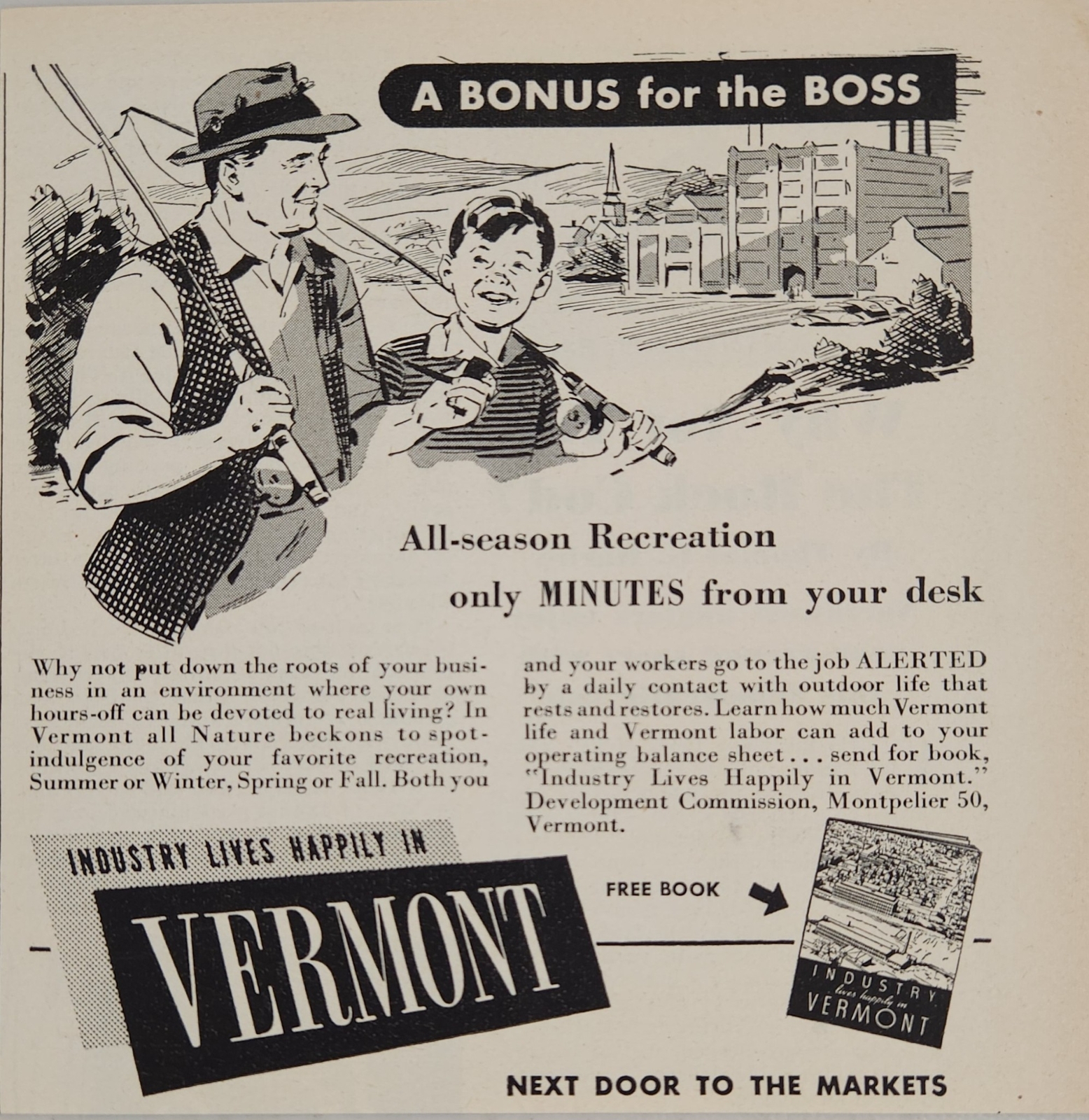 1947 Print Ad Industry Lives Happily in Vermont Father & Son Go Fishing