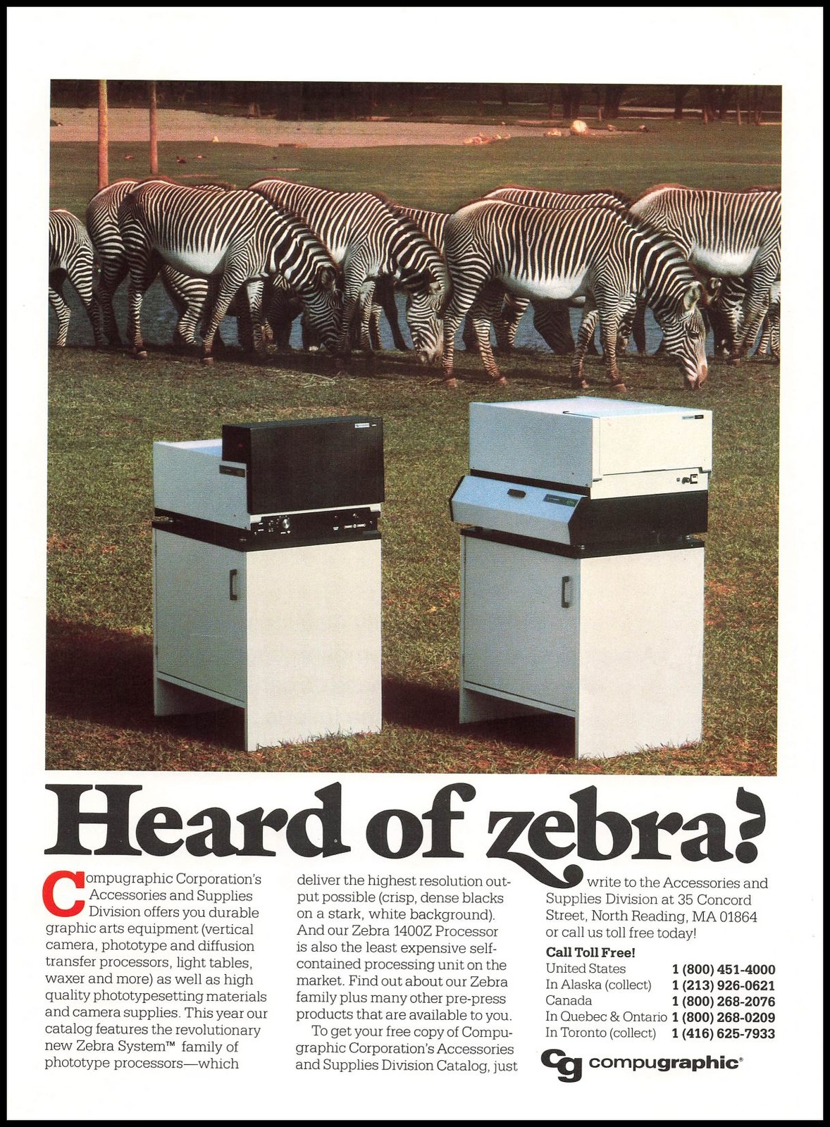 1983 CG Compugraphic North Reading Mass Color Printers “Heard Of Zebra? Print Ad