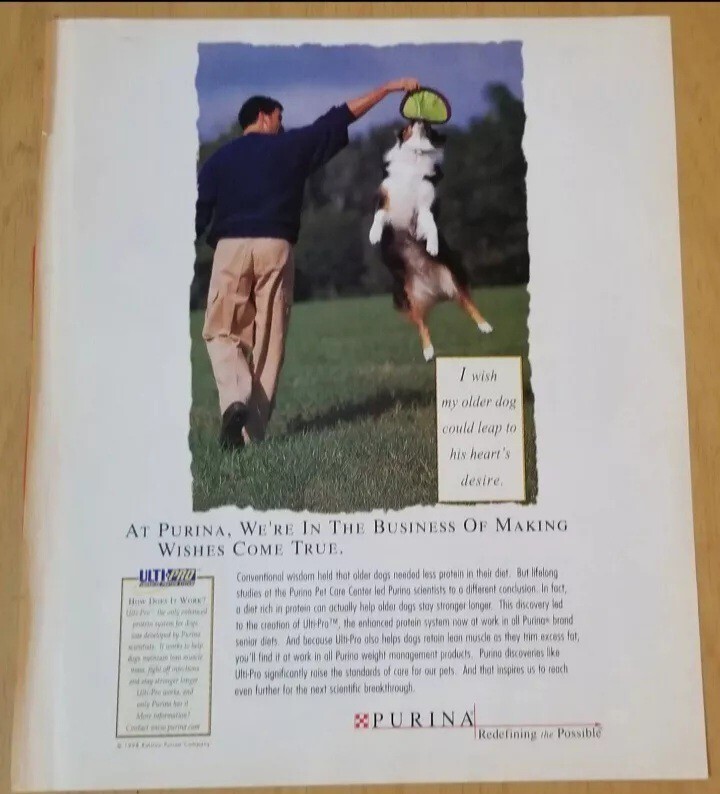 1999 Purina Ulti-Pro Enhanced Protein System Dog Food Vintage Advertisement