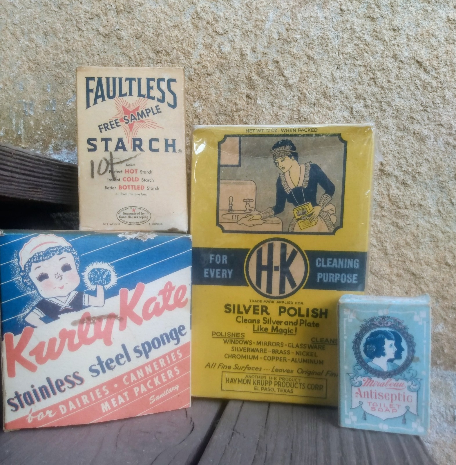 4 Vintage Advertising Household Boxes; Soap, Starch, Silver Polish, Steel Sponge