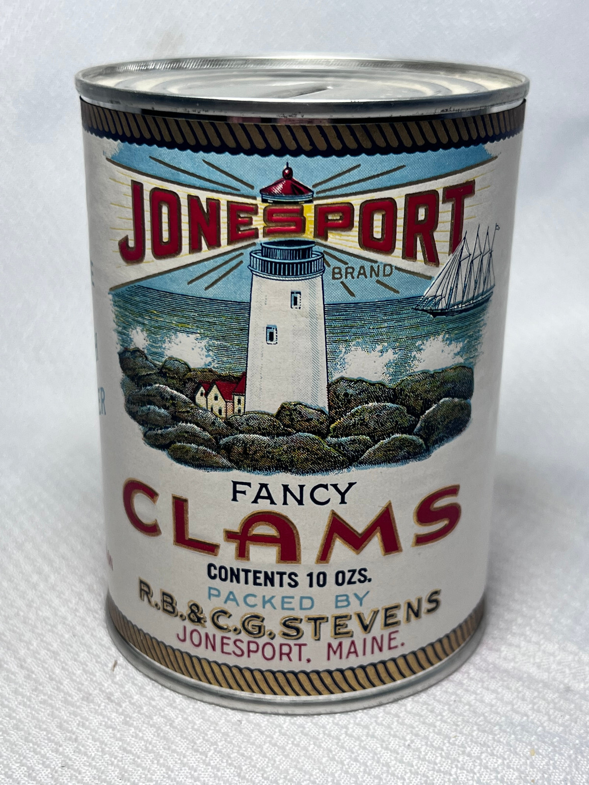 Vtg Jonesport Brand Clams 10 Oz Original Label Reattached Tin Bank Seth Parker