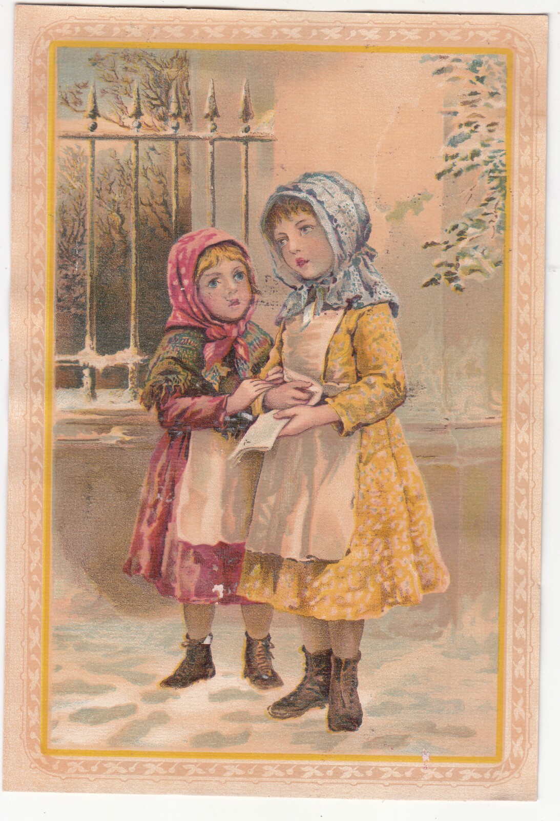 Union Pacific Tea Co Two Girls Standing in the Snow Gate Vict Card c1880s