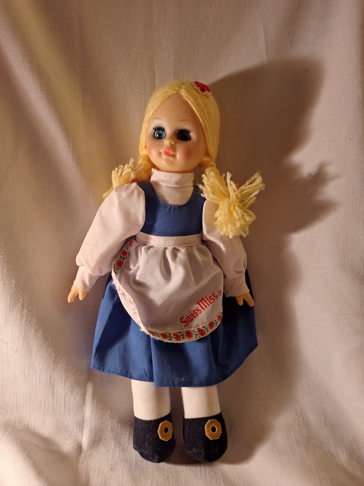 Swiss Miss Advertising Doll Blue White Yellow Collectible