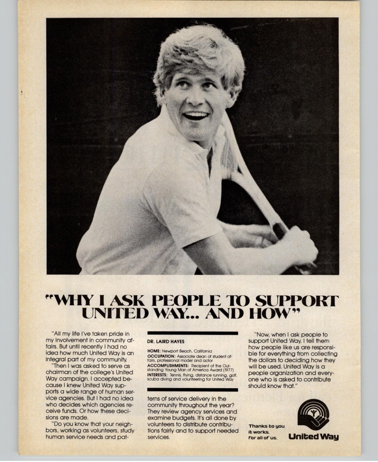 1980 United Way Promo Vintage Print Ad Dr Laird Hayes Newport Beach California