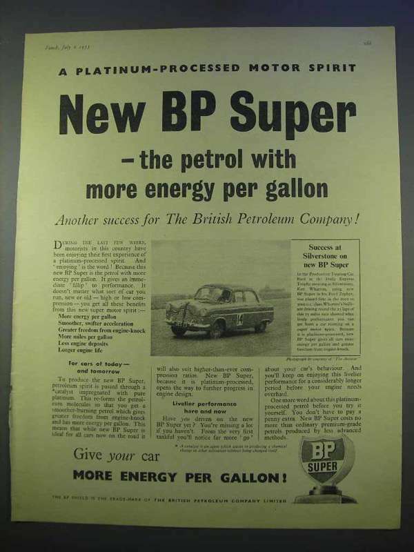 1955 BP Super Petrol Ad – More Energy Per Gallon