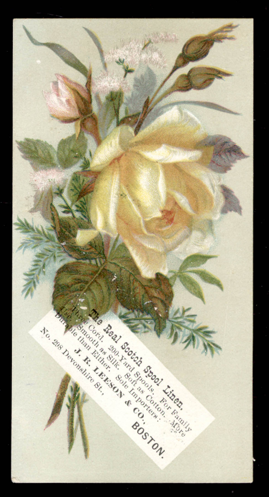 BOSTON MA TRADE CARD, J R LEESON & CO. SPOOL LINEN, at 208 DEVONSHIRE ST. TC943