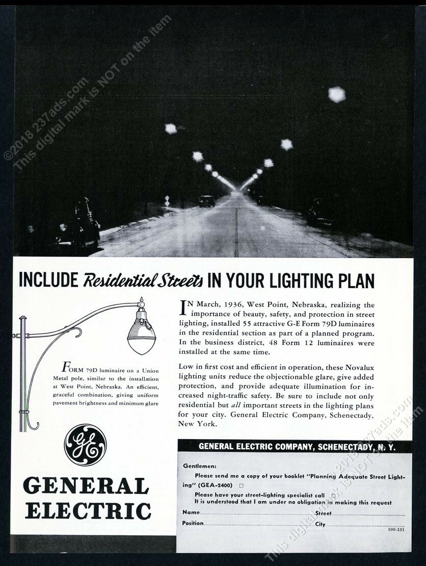 1937 General Electric streetlight West Point Nebraska photo vintage print ad