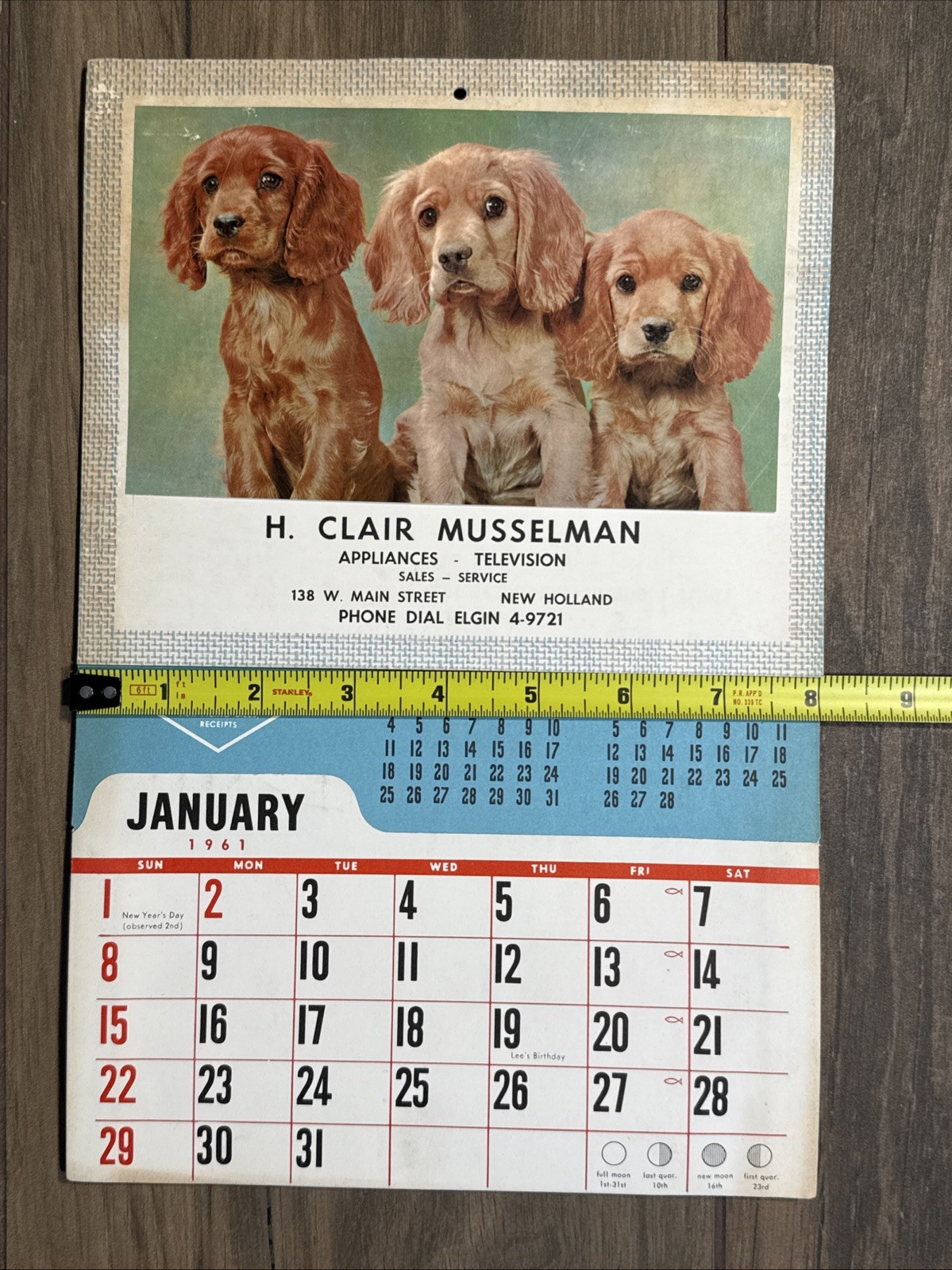 Complete Vintage 1961 Puppy Dog Wall Calendar TV Sales Advertising from Illinois