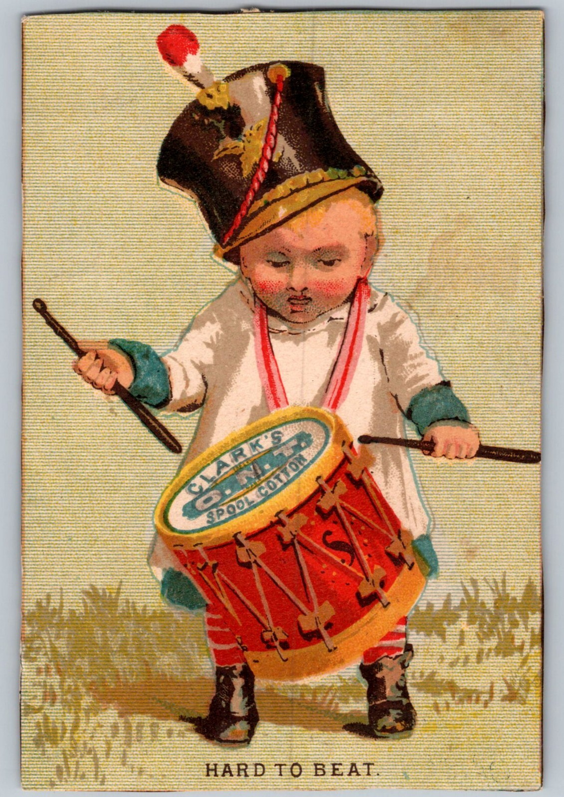 1880s Clark’s O.N.T Spool Cotton Hard To Beat Victorian Trade Card Boy w/ Drum