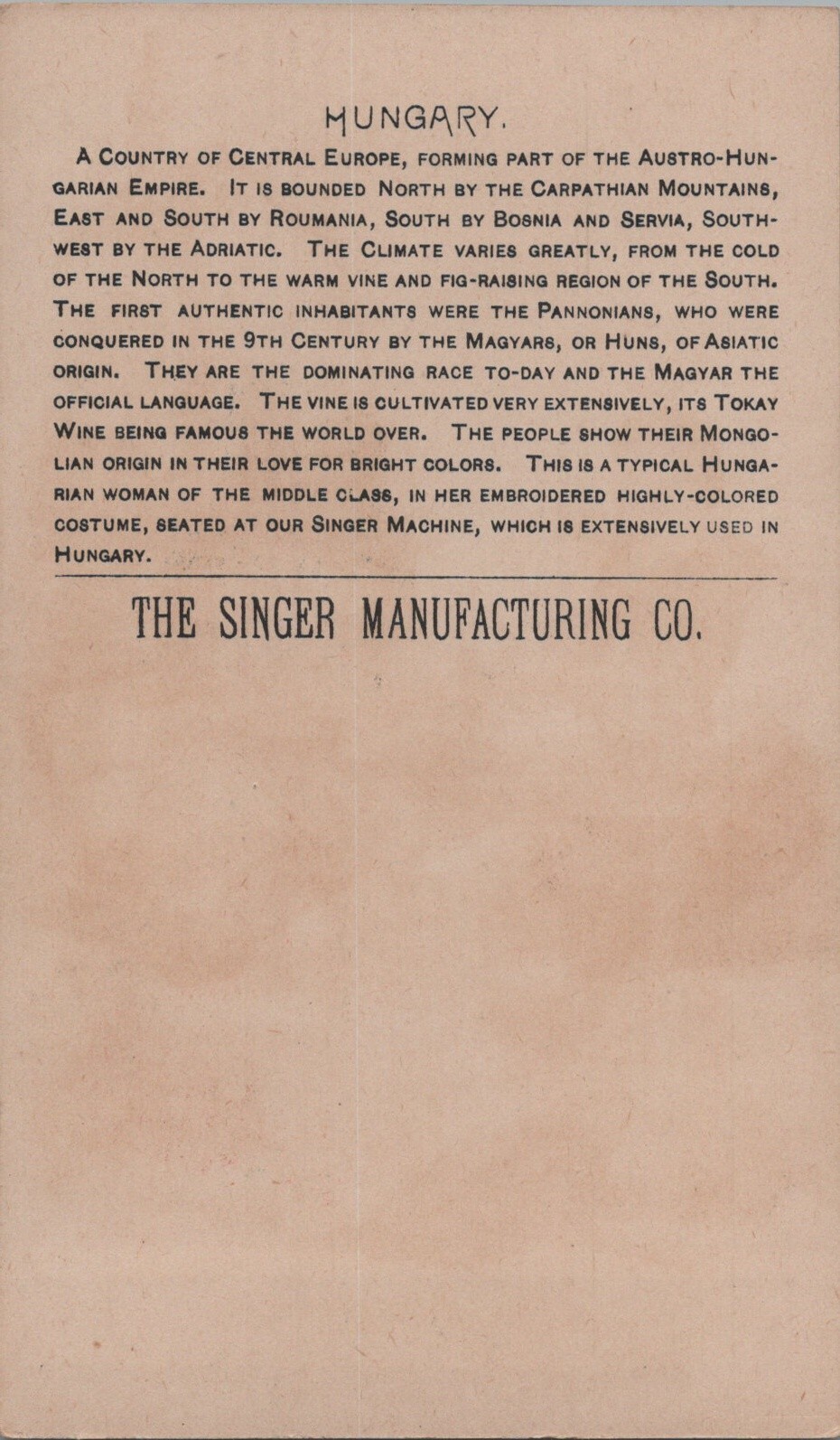 c1892 Singer Manufacturing Co. Sewing Trade Card HUNGARY Costumes of All Nations